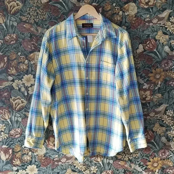 70s yellow and blue plaid shirt - Picture 1 of 3